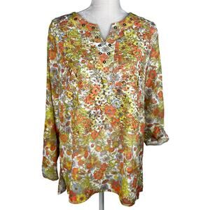 Multiples Top Blouse Retro Floral Large L Semi-Sheer 70s Roll Tab Sleeves